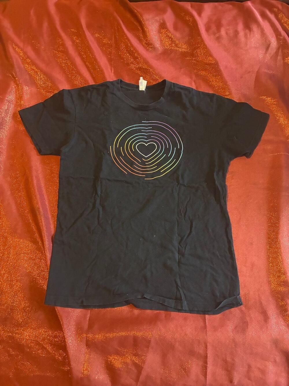 Pride T-Shirt Womens S Black Rainbow Heart Maze Graphic Short Sleeve Tee Casual